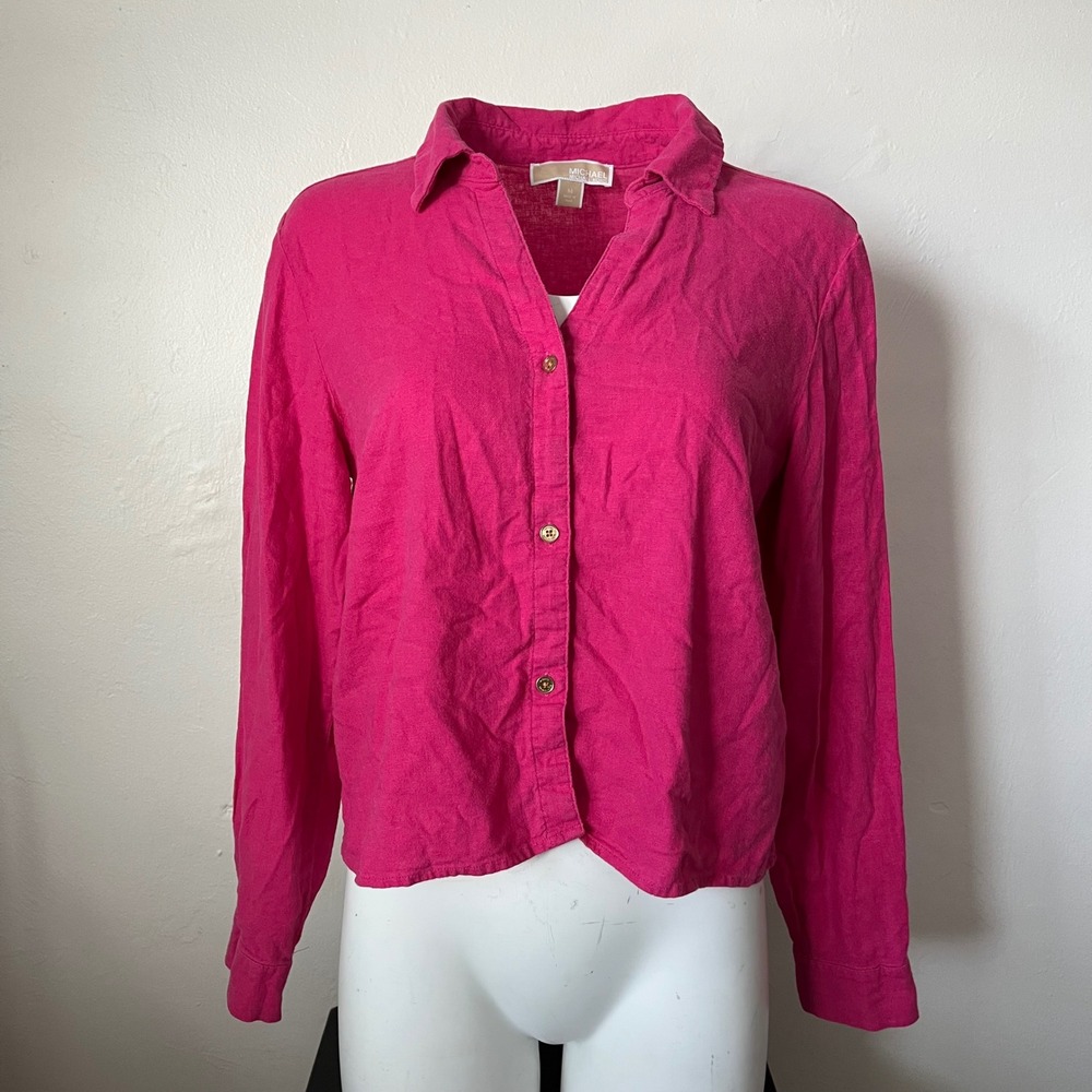 Michael Kors Pink Linen Blend Button Down Shirt Long Sleeve Cropped Top Medium